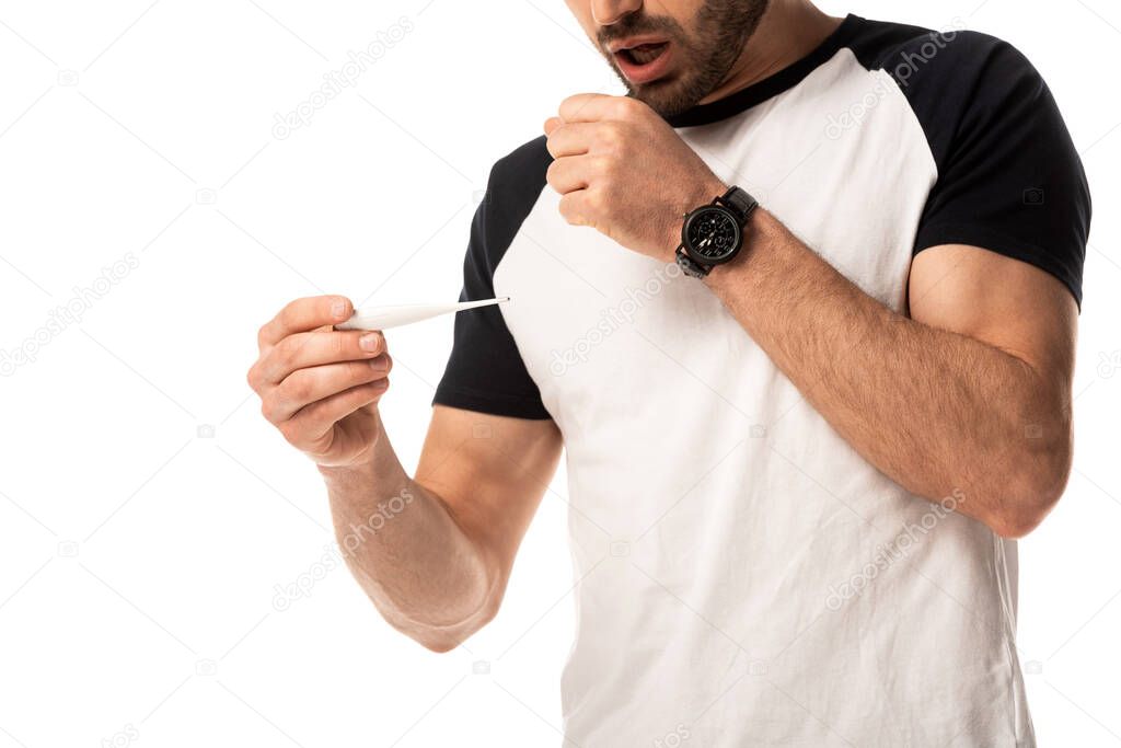 cropped view of sick man holding digital thermometer and coughing isolated on white 