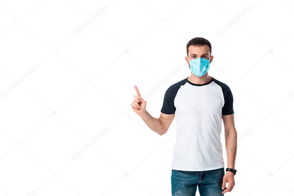 man in medical mask pointing with finger isolated on white 