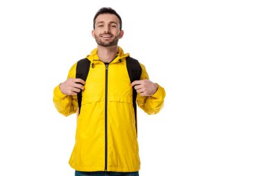 happy delivery man with backpack isolated on white  clipart