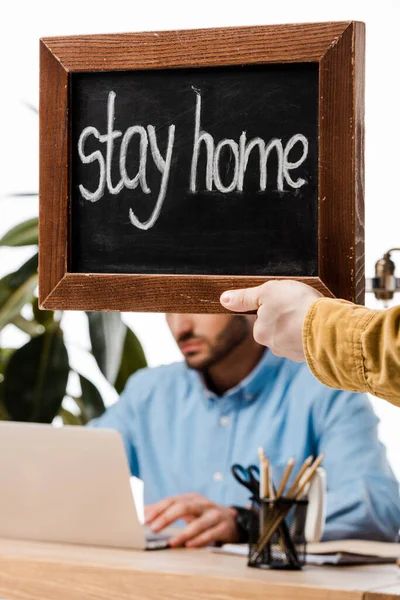 Selective Focus Chalk Board Stay Home Lettering Freelancer Isolated White — Stock Photo, Image