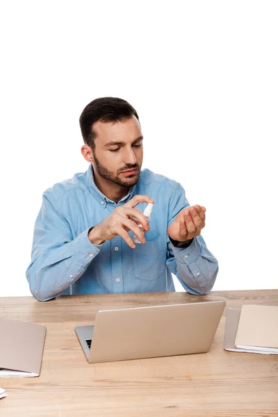 Freelancer Bonito Segurando Higienizador Mão Isolado Branco — Fotografia de Stock