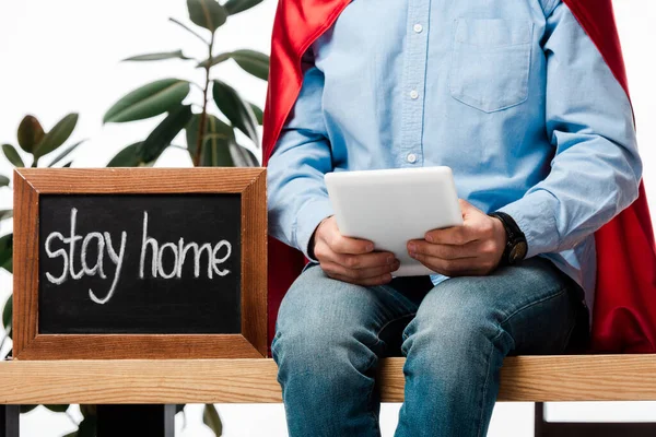 Cropped View Man Superhero Cape Using Digital Tablet Chalk Board — Stock Photo, Image