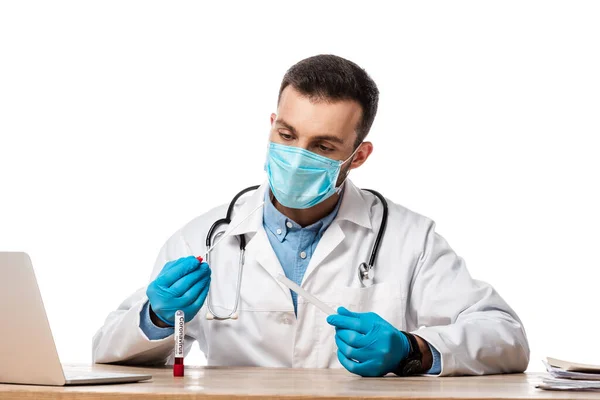 Doctor Medical Mask White Coat Holding Blood Sample Coronavirus Lettering — Stock Photo, Image