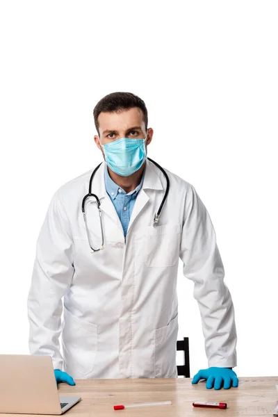 Doctor Medical Mask White Coat Standing Test Tubes Blood Isolated — Stock Photo, Image