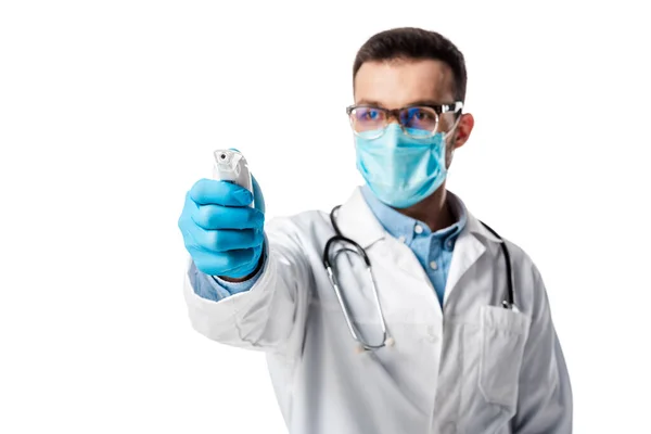 Selective Focus Doctor Medical Mask White Coat Holding Non Contact — Stock Photo, Image