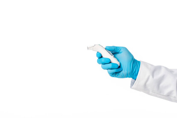 cropped view of doctor in latex glove holding pyrometer isolated on white 