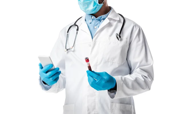 Cropped View Doctor Medical Mask White Coat Holding Smartphone Test — Stock Photo, Image