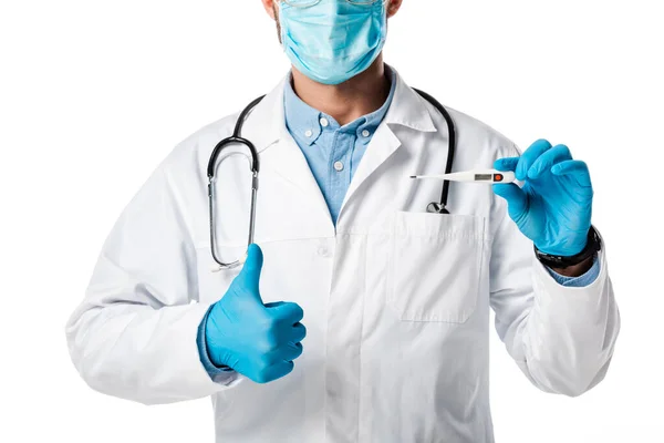 Cropped View Doctor Medical Mask White Coat Holding Digital Thermometer — Stock Photo, Image