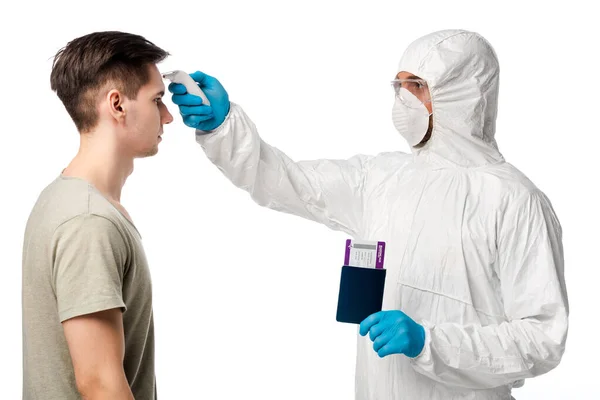 Doctor Personal Protective Equipment Holding Pyrometer Passport Boarding Pass Man — Stock Photo, Image