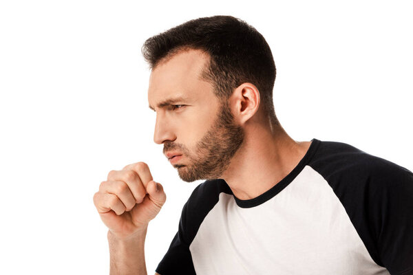 bearded and diseased man coughing isolated on white 