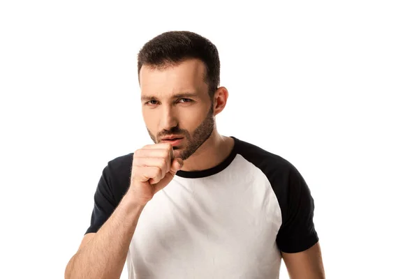 Hombre Enfermo Barbudo Tosiendo Aislado Blanco — Foto de Stock