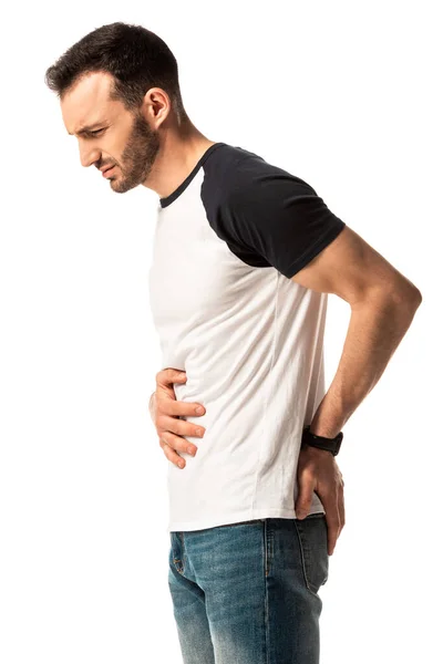 Sick Man Touching Stomach While Having Nausea Isolated White — Stock Photo, Image