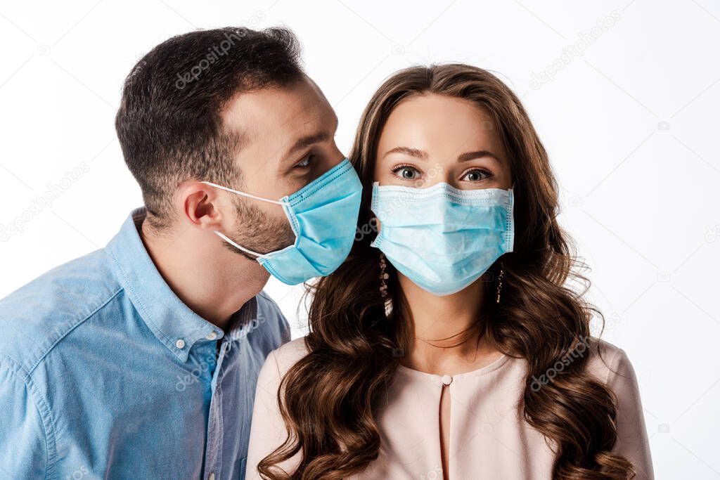 man near woman in medical mask isolated on white  