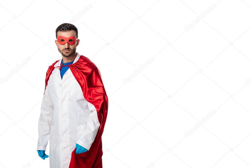 doctor in superhero costume and white coat isolated on white 