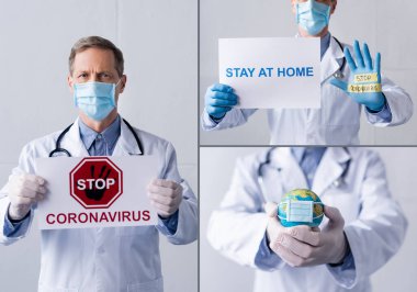 collage of doctor in medical mask holding placards with stop coronavirus, stay at home lettering and globe on grey clipart