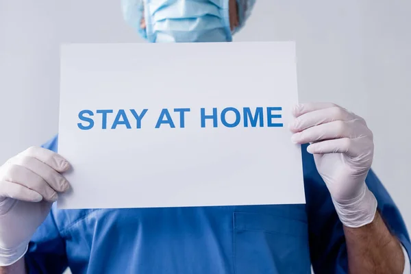 Cropped View Middle Aged Doctor Holding Placard Stay Home Lettering — Stock Photo, Image