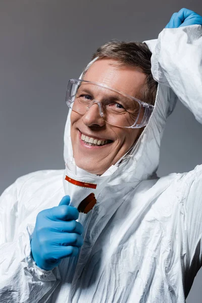 Happy Mature Man Hazmat Suit Goggles Isolated Grey — Stock Photo, Image