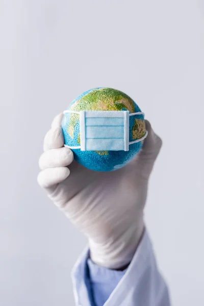 Cropped View Middle Aged Doctor Latex Glove Holding Small Globe — Stock Photo, Image