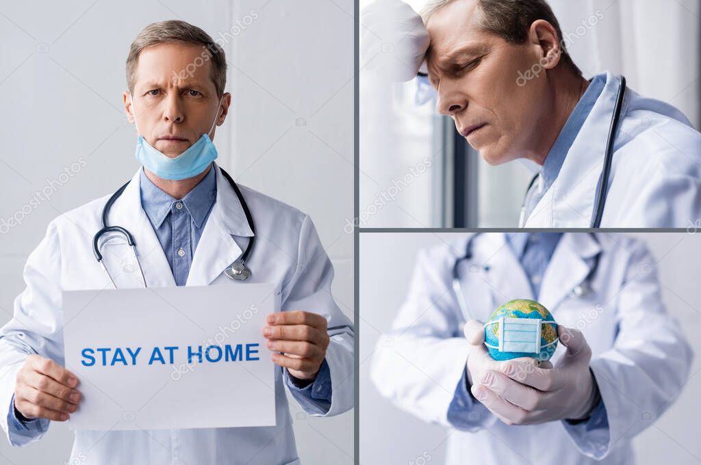 collage of mature doctor in medical mask holding placard with stay at home lettering and globe on grey