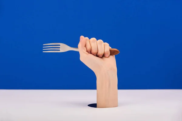 Cropped View Woman Holding Fork Isolated Blue — Stock Photo, Image
