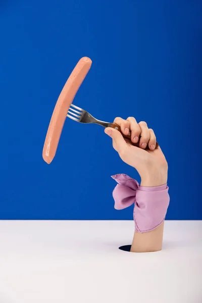 Cropped View Woman Ribbon Hand Holding Fork Tasty Sausage Isolated — Stock Photo, Image