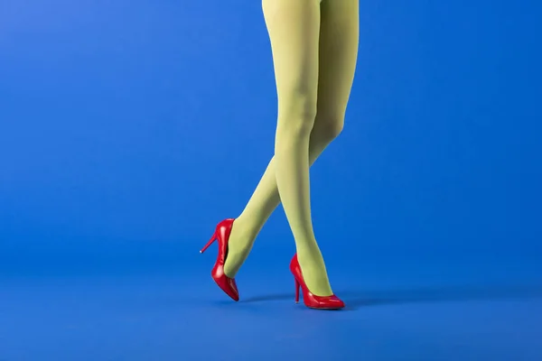 Cropped View Trendy Model Green Tights Red Heels Standing Blue — Stock Photo, Image