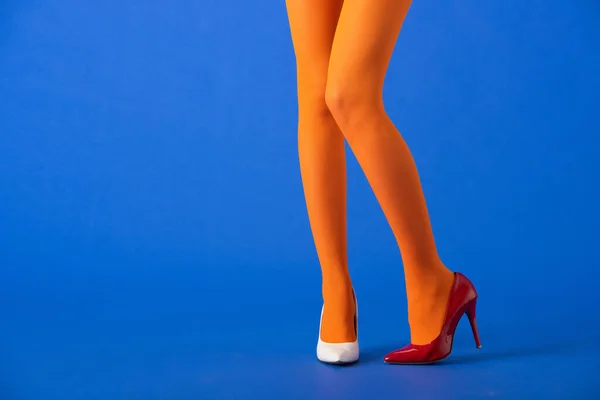 Cropped View Trendy Model Orange Tights White Red Heels Posing — Stock Photo, Image