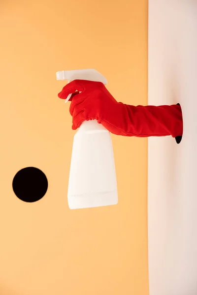 Cropped View Hand Glove Holding Spray Bottle White Orange — Stock Photo, Image
