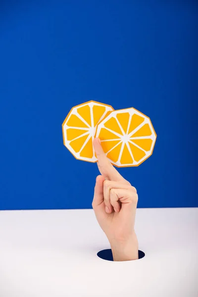 Cropped View Woman Holding Paper Orange Isolated Blue — Stock Photo, Image