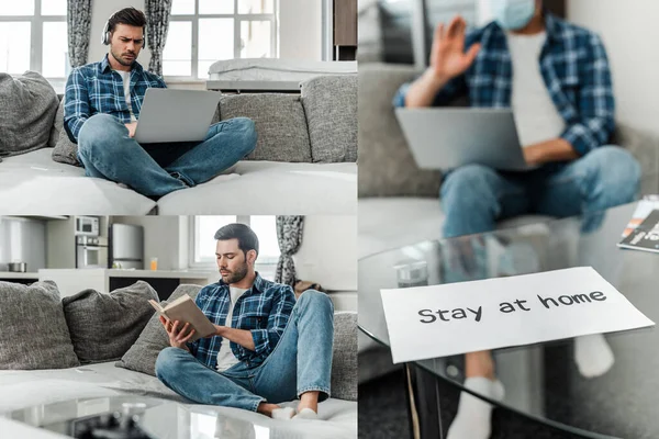 Collage Card Stay Home Lettering Man Using Laptop Reading Book — Stock Photo, Image