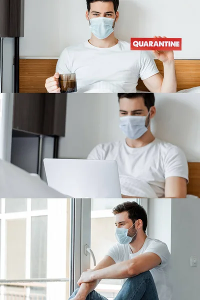 Collage of man in medical mask using laptop, holding card with quarantine lettering and looking at window at home