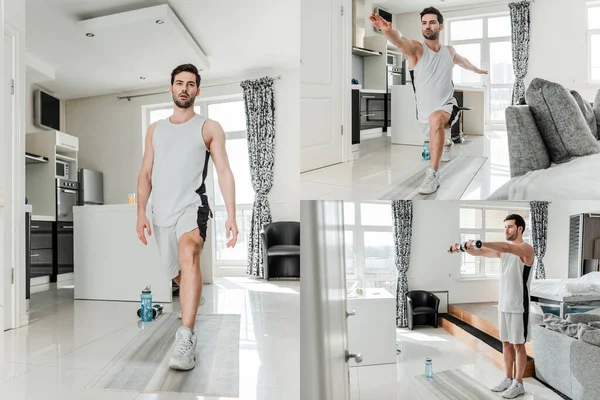 Collage Hombre Ropa Deportiva Usando Mancuernas Mientras Entrena Casa —  Fotos de Stock