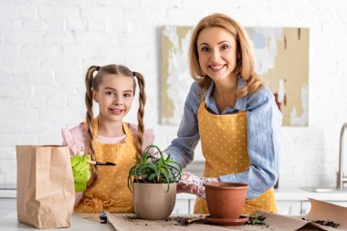 Bahçe aletleri ile mutlu anne ve kız, aloe ve kağıt çanak ile çiçek saksıları mutfak masasının yanında gülümsüyor