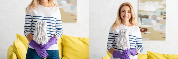 Collage Woman Holding Mop Smiling Looking Camera Living Room Panoramic — Stock Photo, Image