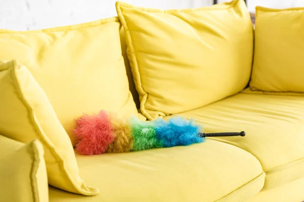リビングルームでカラフルな羽毛ダスターと黄色のソファ — ストック写真