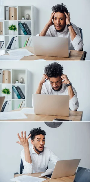 Collage Shocked Pensive African American Businessman Working Office — Stock Photo, Image