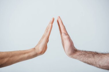 Cropped view of men doing high five isolated on grey clipart