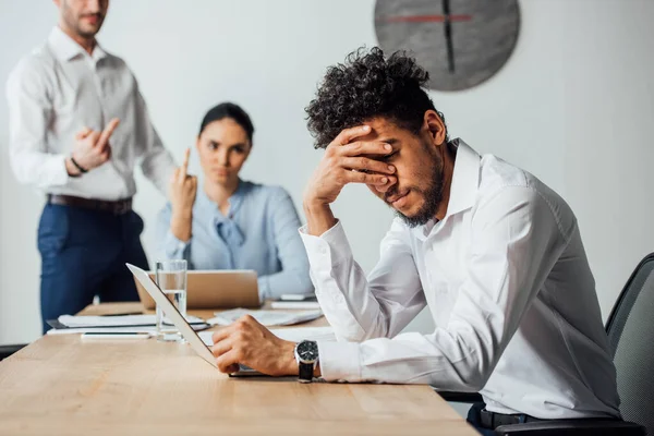 Selective Focus African American Businessman Covering Eyes Multiethnic Colleagues Showing — Stock Photo, Image