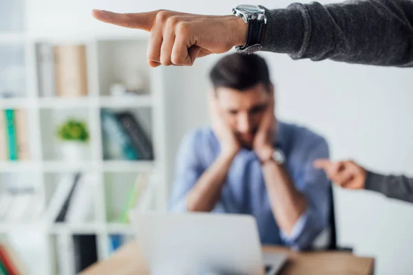 Selective Focus Businessman Pointing Fingers Colleague Table Office — Stock Photo, Image