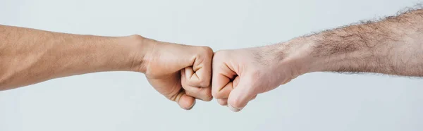 Cropped View Men Doing Fist Bump Isolated Grey Panoramic Shot — Stock Photo, Image