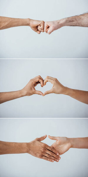 Collage of men showing love sign, fist bump and handshaking isolated on grey