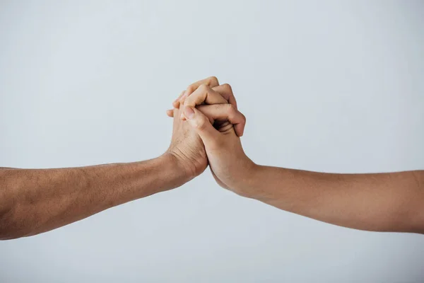 Beskuren Över Män Som Håller Händerna Isolerade Grått — Stockfoto