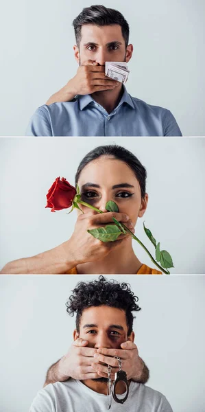 Колаж Чоловічої Руки Тримає Долари Троянду Наручники Біля Гирла Багатоетнічних — стокове фото