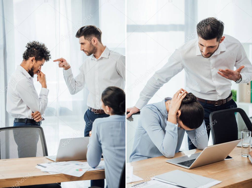 Collage of businessman pointing at african american man and quarreling on mexican colleague in office 