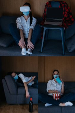Medikal maskeli depresif kadın kolajı dizüstü bilgisayarın yanında boş ekranlı VR kulaklık kullanıyor, şarap şişesinin yanındaki kanepeye uzanıyor, patlamış mısır ve soda ile televizyon seyrediyor.