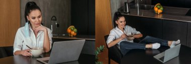 Laptop ve yatay ekinlerde görüntülü sohbet sırasında kahvaltı yapan genç kadın kolajı