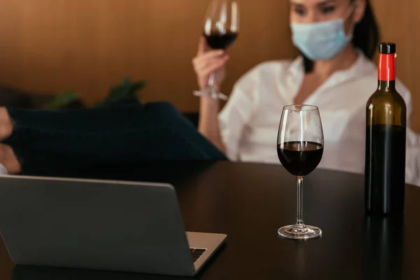 Selective Focus Woman Protective Mask Holding Glass Red Wine Video — Stock Photo, Image