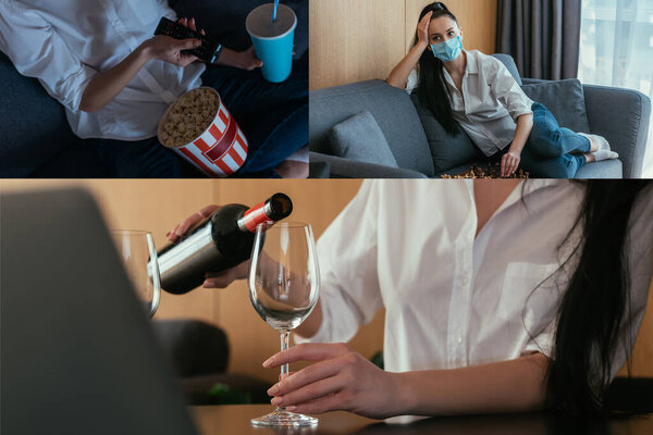 collage of woman watching tv, playing chess and pouring wine into glass near laptop