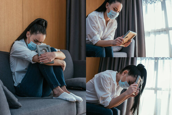 collage of depressed woman in medical mask grieving while holding photo frame of boyfriend