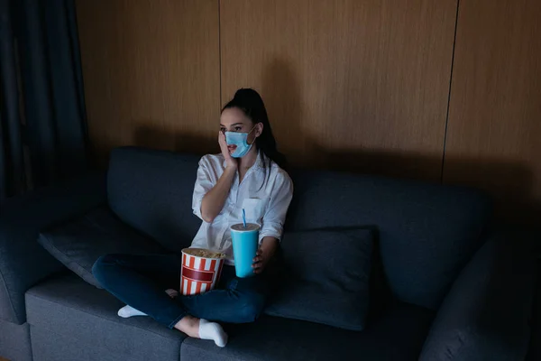 High Angle View Worried Young Woman Medical Mask Hole Watching — Stock Photo, Image